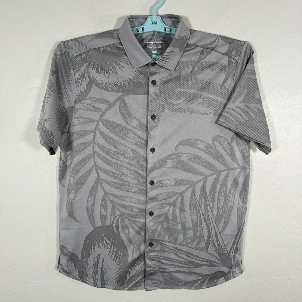 Tommy Bahama Shirt Mens Medium Gray Hawaiian Beach‎ IslandZone Floral Palms